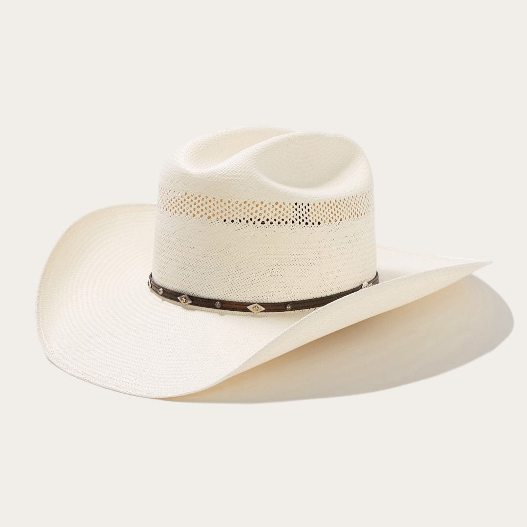 Classic unisex ventilated cowboy hat with a stylish leather band & silver accent details.
