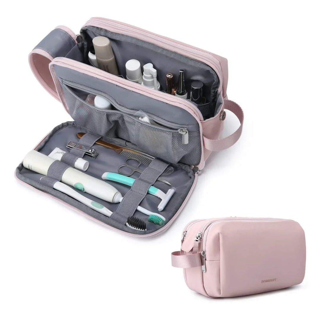 Unisex water-resistant travel toiletry bag with multiple zippered compartments for organized essentials.