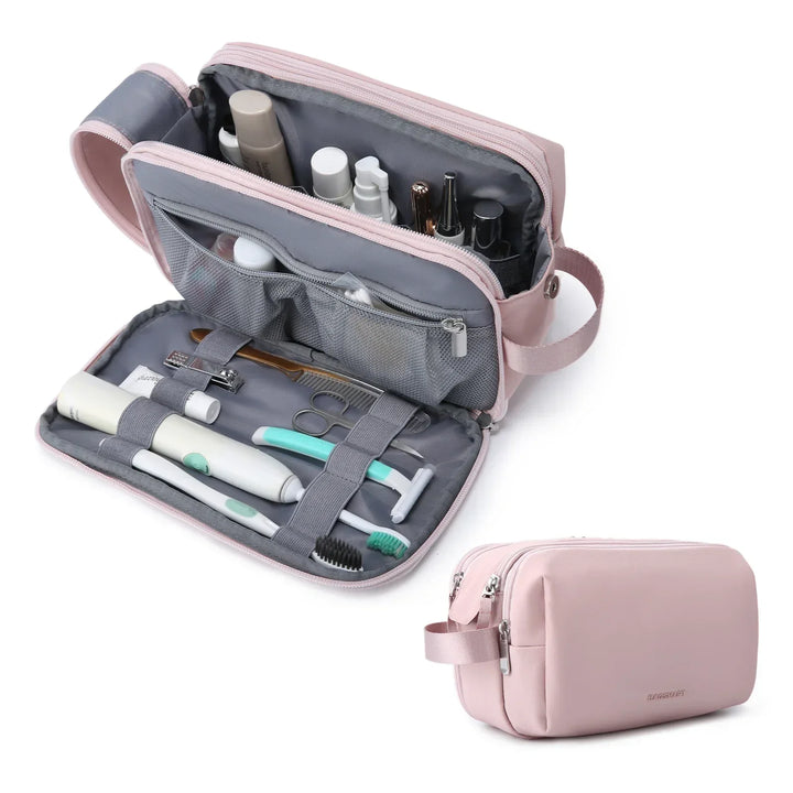 Unisex water-resistant travel toiletry bag with multiple zippered compartments for organized essentials.