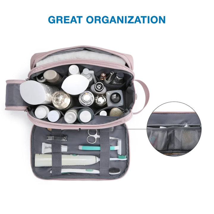 Compact unisex travel toiletry organizer, water-resistant with secure zips for all grooming essentials.