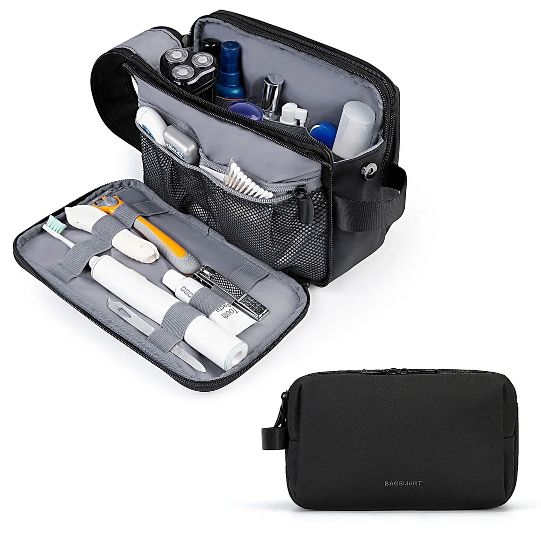 Unisex cosmetic & grooming travel bag, water-resistant with multiple compartments for organized storage.