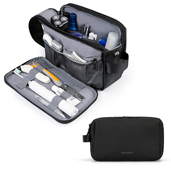 Unisex cosmetic & grooming travel bag, water-resistant with multiple compartments for organized storage.