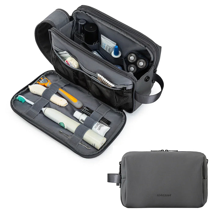 Travel toiletry bag featuring multiple zippered compartments for secure, organized, water-resistant storage.