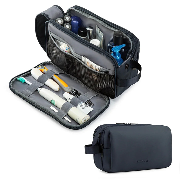 Water-resistant travel toiletry organizer, perfect for gym, camping, or everyday essentials with secure zips.