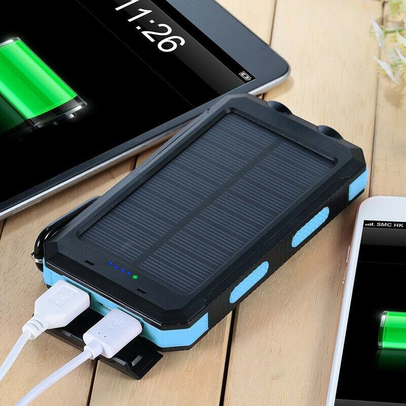 Unisex waterproof solar power bank with dual USB ports, ideal for outdoor adventures.