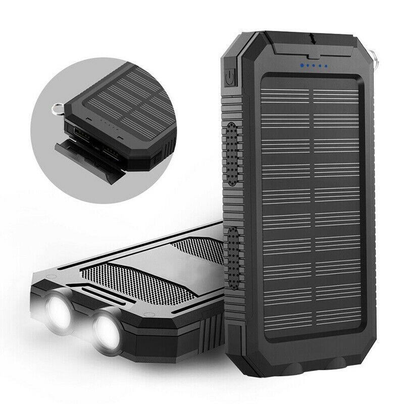 Eco-friendly waterproof solar power bank with dual USB ports, sustainable energy solution.