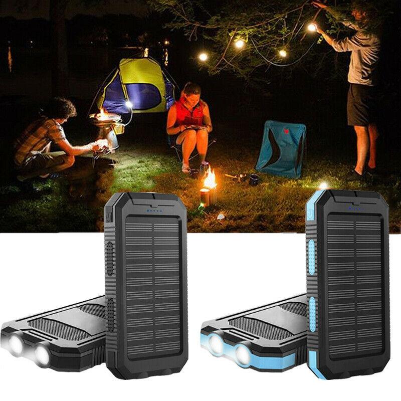 Waterproof solar power bank, dual USB portable charger for phones & gadgets.