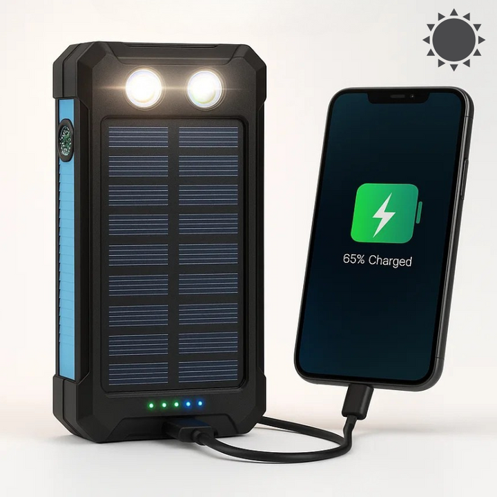 Charge anywhere with this waterproof solar power bank, dual USB for outdoor adventures.