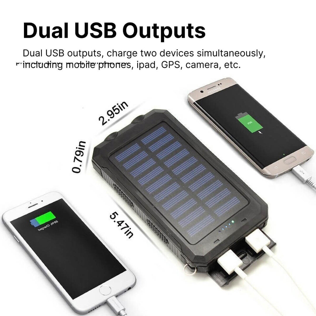 Sustainable solar power bank, waterproof for emergency outdoor charging & dual USB.