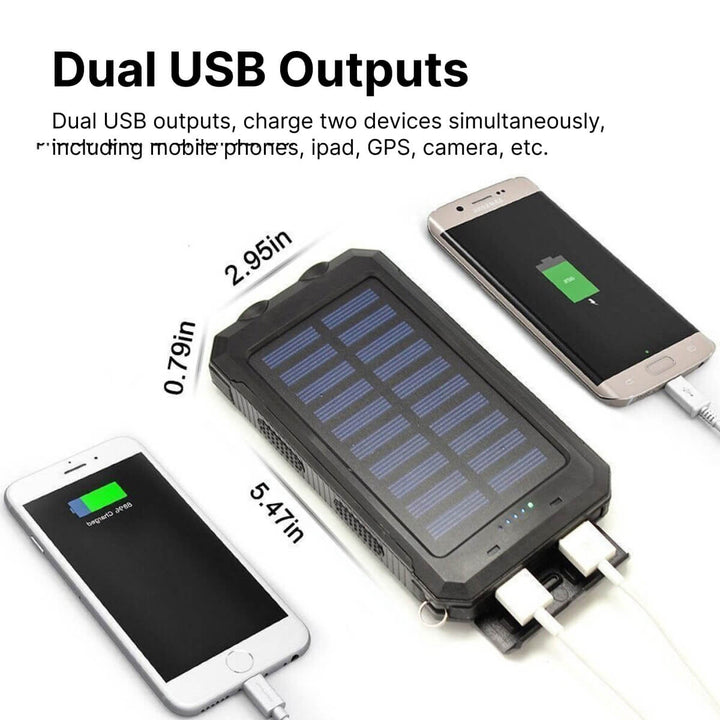 Sustainable solar power bank, waterproof for emergency outdoor charging & dual USB.