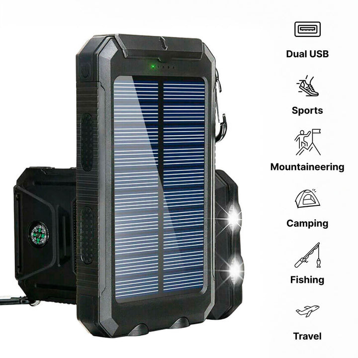 Rugged outdoor solar power bank, waterproof with dual USB ports for all weather charging.