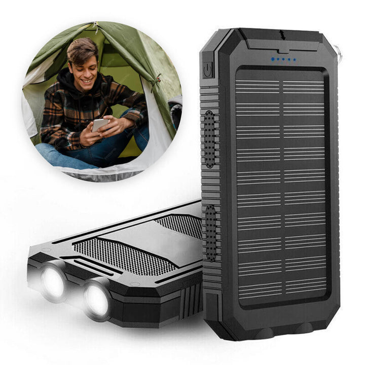 Dual USB waterproof solar power bank for fast charging multiple devices on the go.