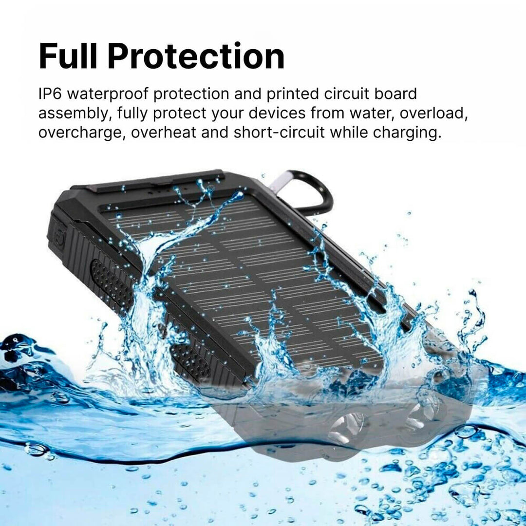 High-capacity waterproof solar power bank with dual USB, perfect for camping & hiking.