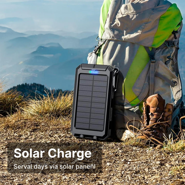 Durable waterproof solar power bank, dual USB charger for reliable outdoor power supply.