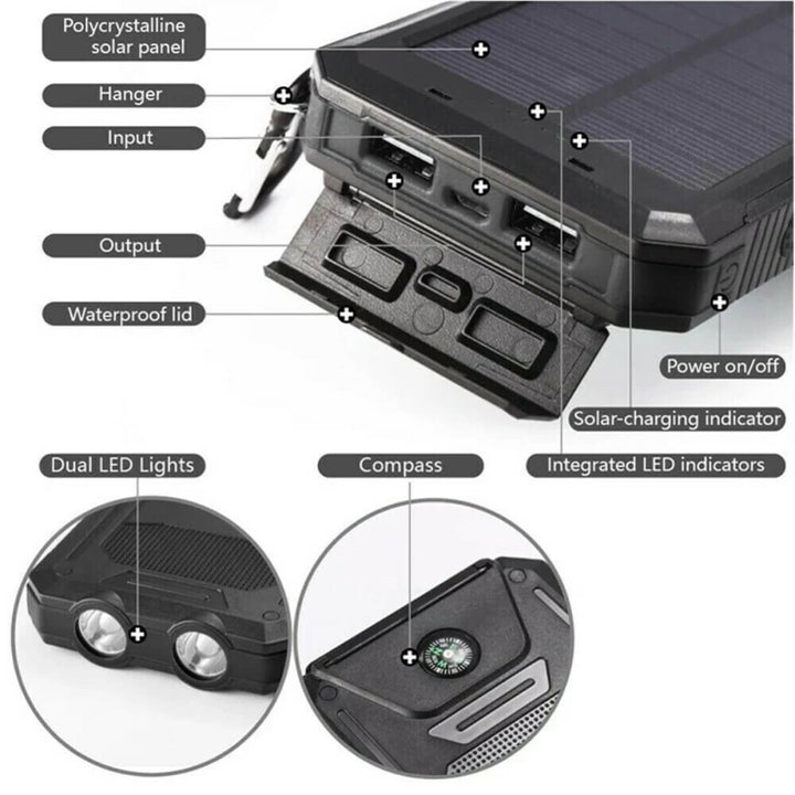 Travel-ready waterproof solar power bank, portable with dual USB for global charging needs.
