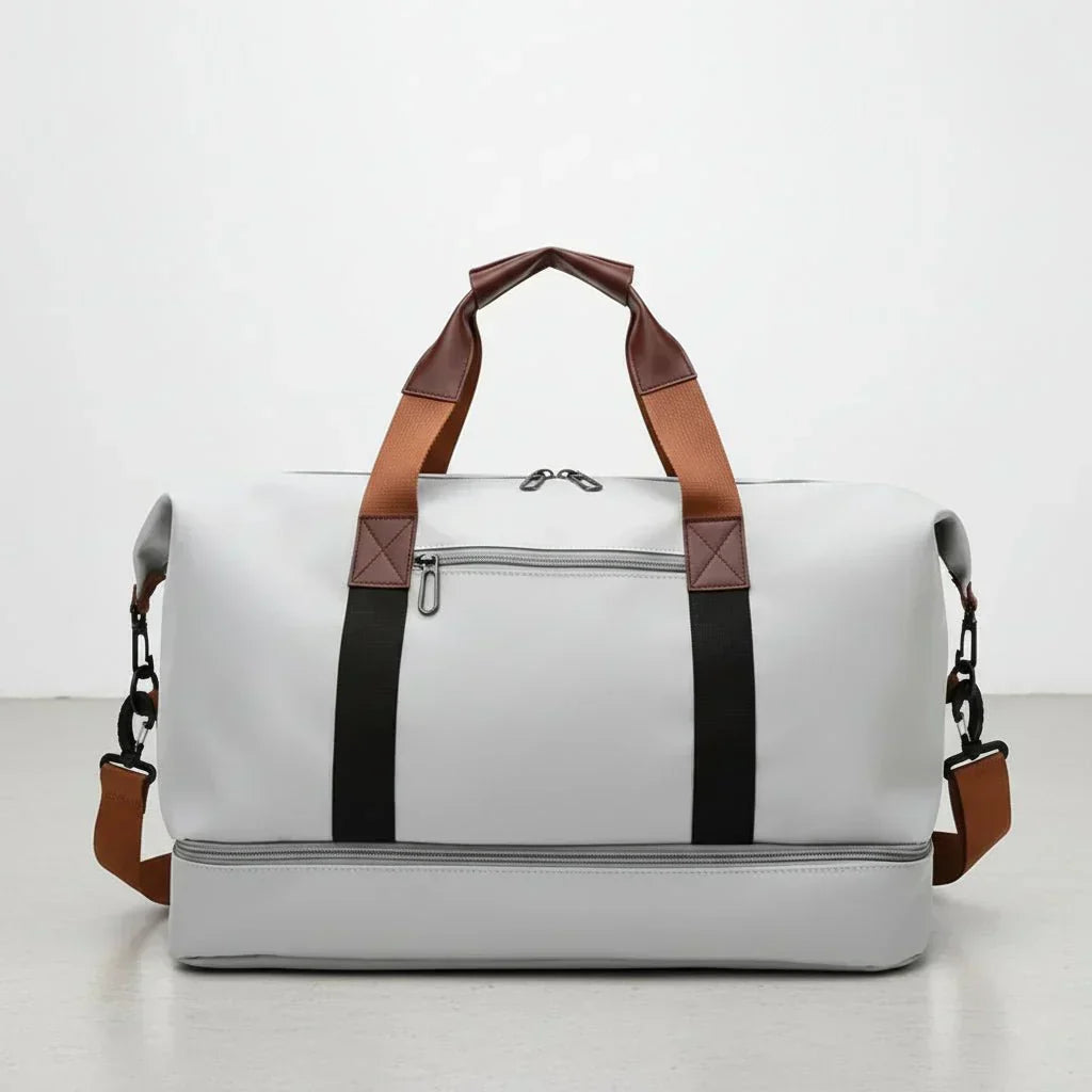 Unisex weekender duffel bag, organized carry-on with shoe compartment. Perfect for travel & gym.