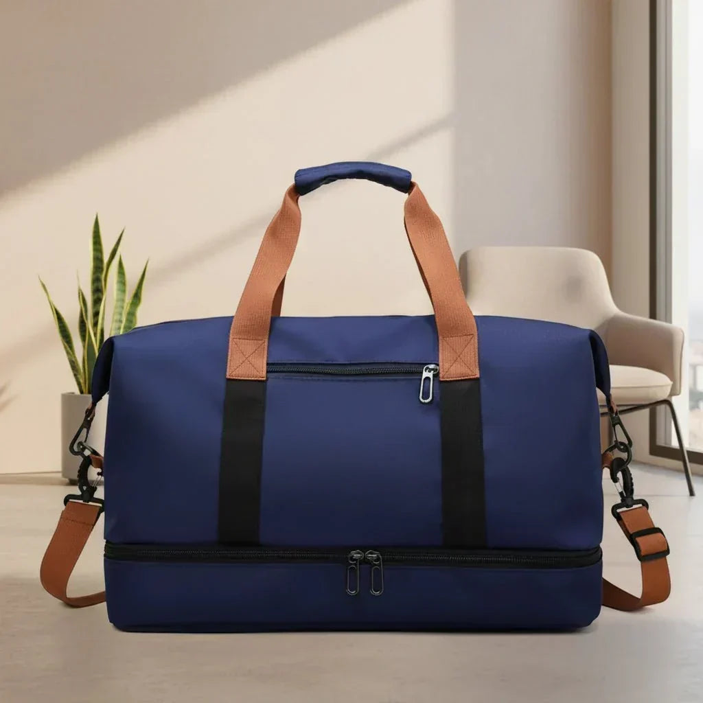 Organized carry-on duffel bag with dedicated shoe compartment. Unisex travel & gym weekender.