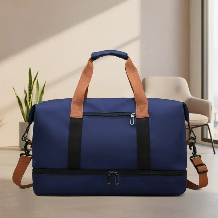 Organized carry-on duffel bag with dedicated shoe compartment. Unisex travel & gym weekender.