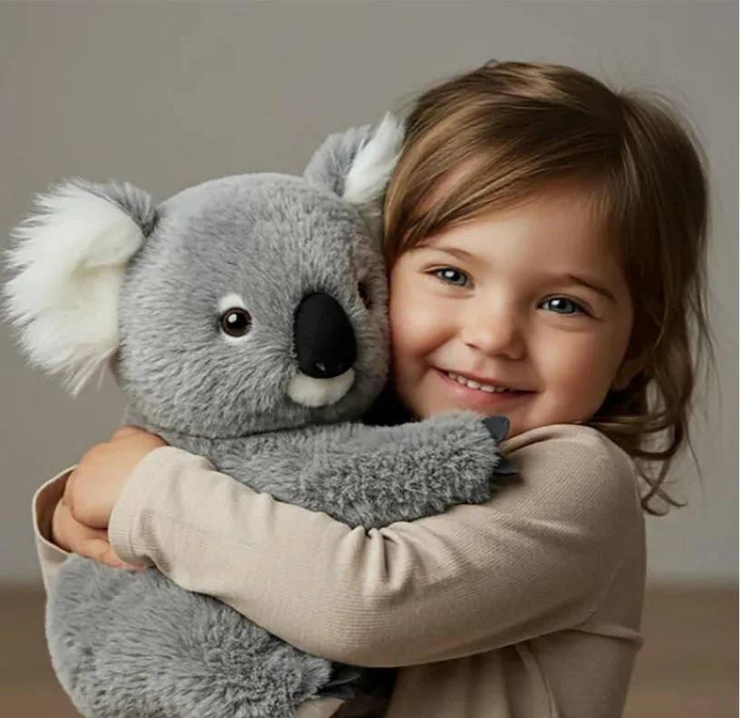 Cute grey weighted koala plush toy. Soft, decorative animal for calming comfort and stress relief.