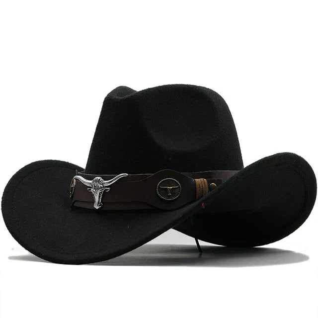 Unisex western style hat with a unique bull buckle band, perfect for outdoor fashion & accessories.