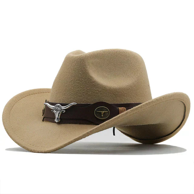 Elegant western style hat with a distinctive bull buckle band, a timeless unisex fashion accessory.