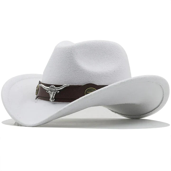 Unisex western cowboy hat with unique bull buckle band; stylish, classic outdoor fashion accessory.
