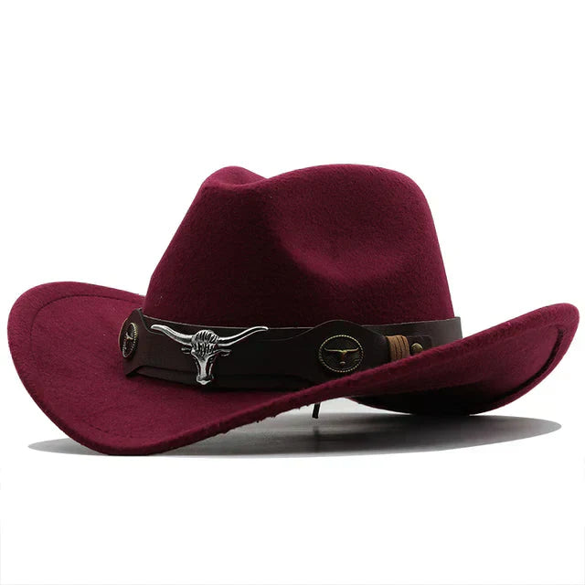 Distinctive unisex western hat featuring a bold bull buckle, a fashionable accessory for trendsetters.