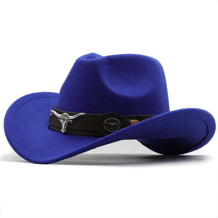 Classic western hat with eye-catching bull buckle band, a must-have fashion accessory for any outfit.