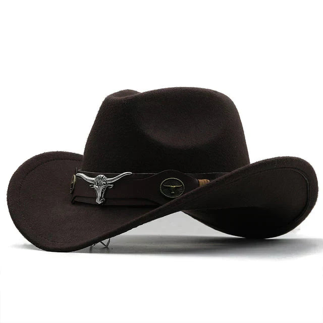 Versatile unisex western hat, designed for men & women, with a unique bull buckle & classic style.