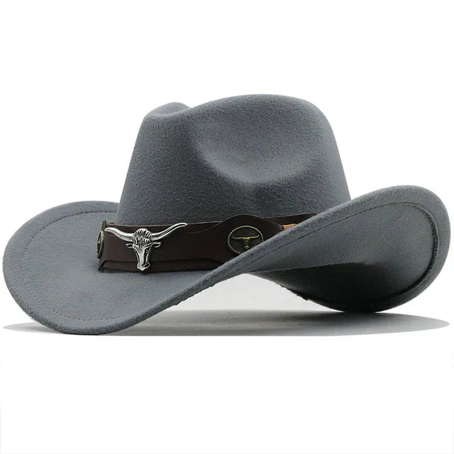Durable outdoor western hat, ideal for sun protection, featuring a distinctive bull buckle band.