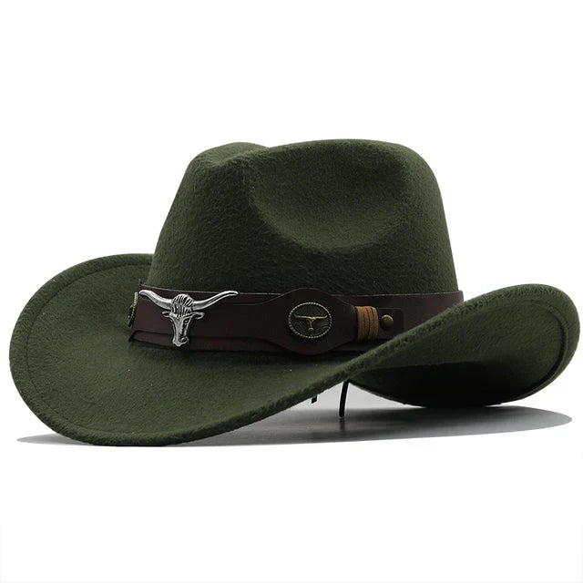 Trendsetting western hat with a unique bull buckle band, a statement fashion accessory for any look.