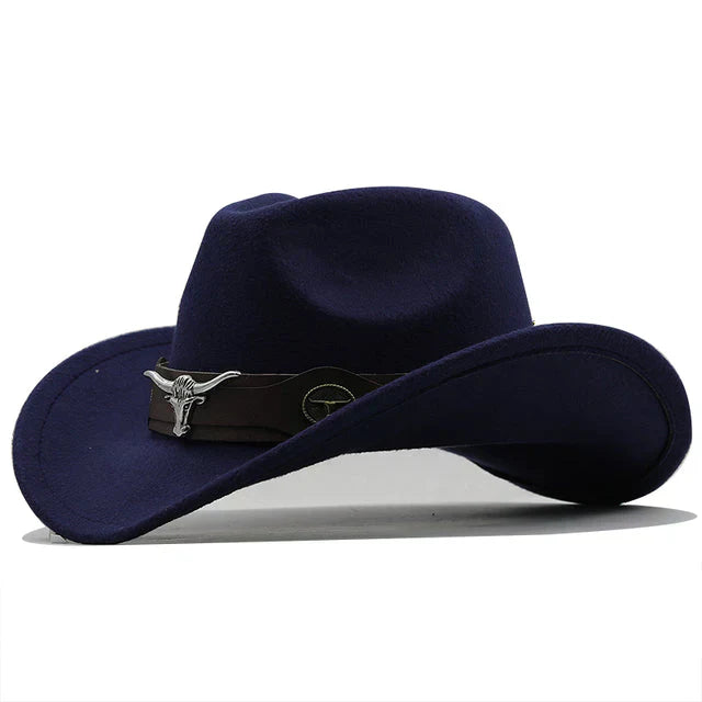 Rugged-look unisex western hat, featuring a bold bull buckle band, a stylish & practical accessory.