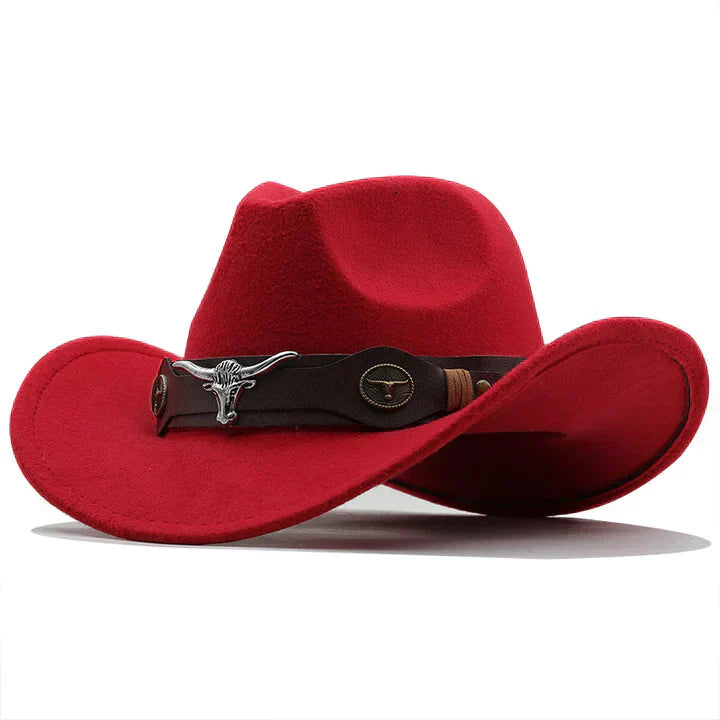 Front view of a classic unisex western cowboy hat, showcasing its unique bull buckle band detail.