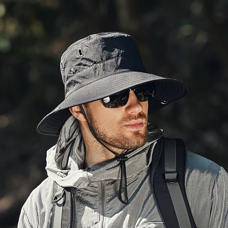 Unisex wide brim sun hat with ventilated mesh & adjustable chin strap, ideal for hiking, fishing & outdoor adventures.