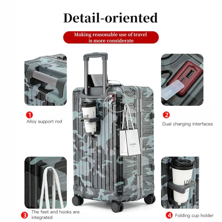 Ergonomic wide grip hardshell travel suitcase. Durable luggage with spinner wheels, perfect for secure business & vacation trips.
