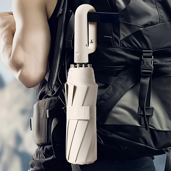 Compact automatic folding travel umbrella, portable windproof protection for rain & sun.