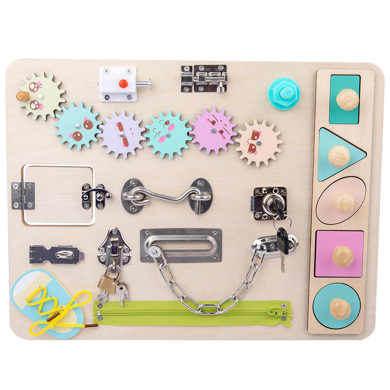 Unisex wooden sensory activity board for toddlers, featuring engaging fine motor skill activities.