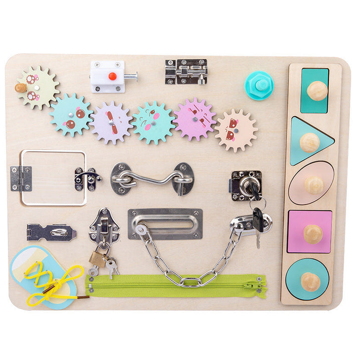 Unisex wooden sensory activity board for toddlers, featuring engaging fine motor skill activities.