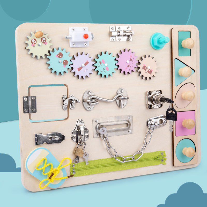 Educational wooden sensory board for toddlers, promoting early learning and Montessori play.