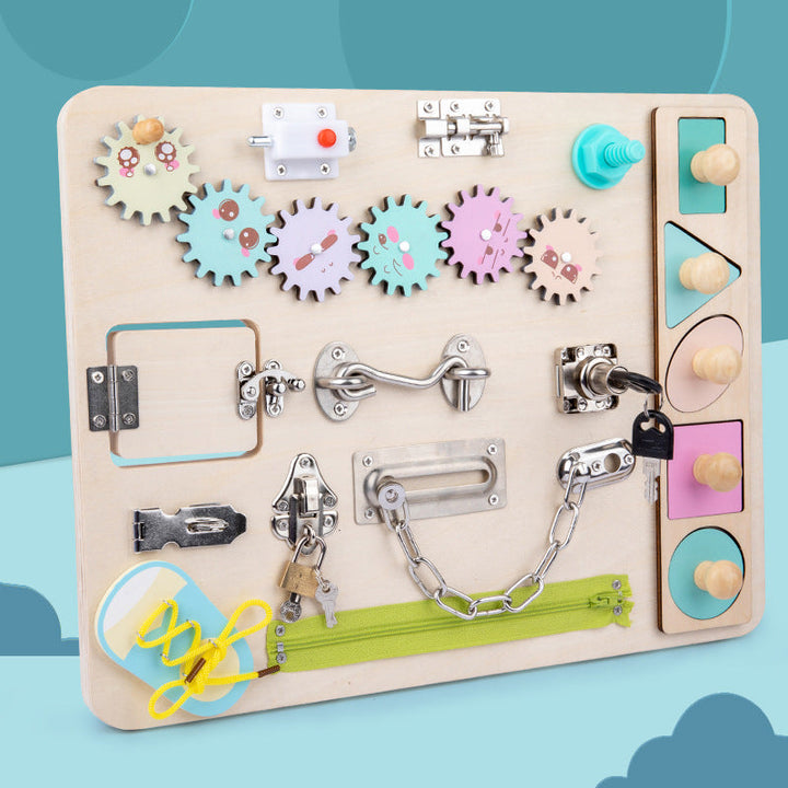 Educational wooden sensory board for toddlers, promoting early learning and Montessori play.