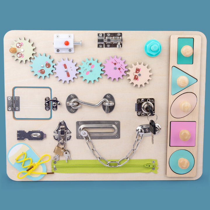 Toddler unisex activity board: a fun wooden toy for developing fine motor skills and sensory exploration.