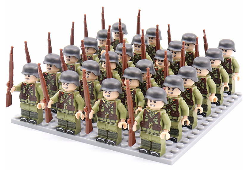 Detailed WWII army soldier minifigures from the historical military building blocks collectible set.
