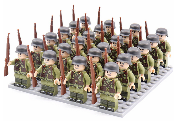 Detailed WWII army soldier minifigures from the historical military building blocks collectible set.