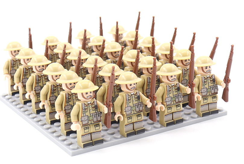 Collectible WWII historical military building blocks with army figures for kids' imaginative play.