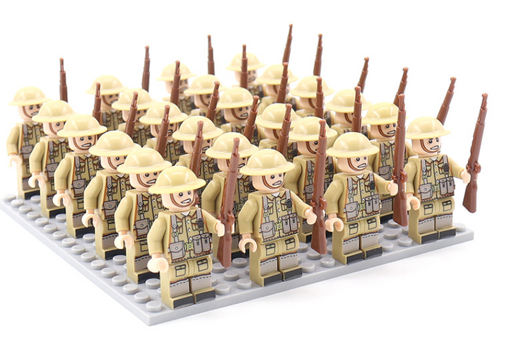 Collectible WWII historical military building blocks with army figures for kids' imaginative play.