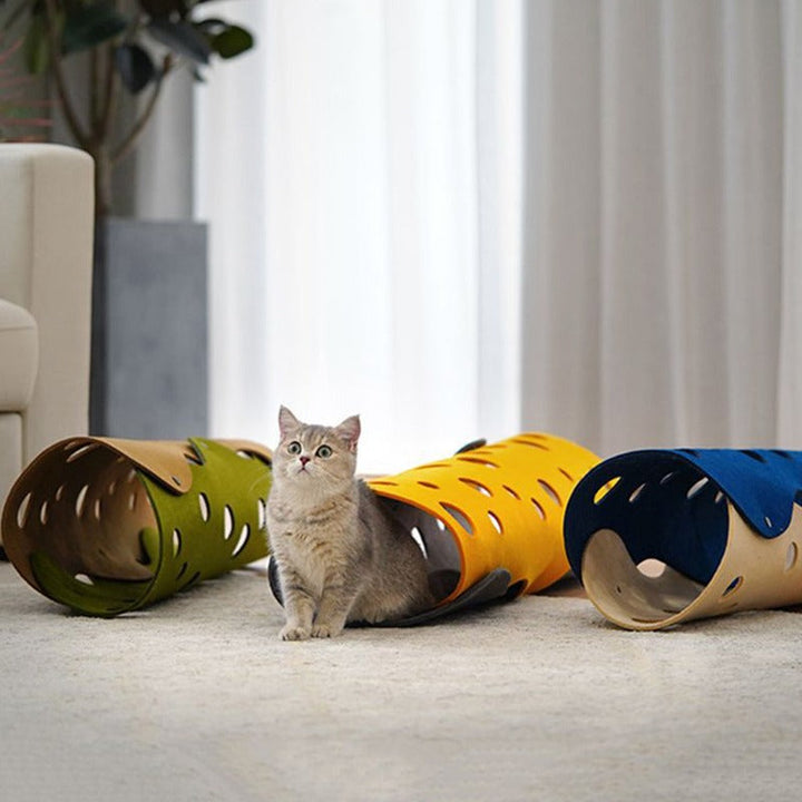 Unisex yellow and blue felt cat tunnel and hideaway cave for interactive play.