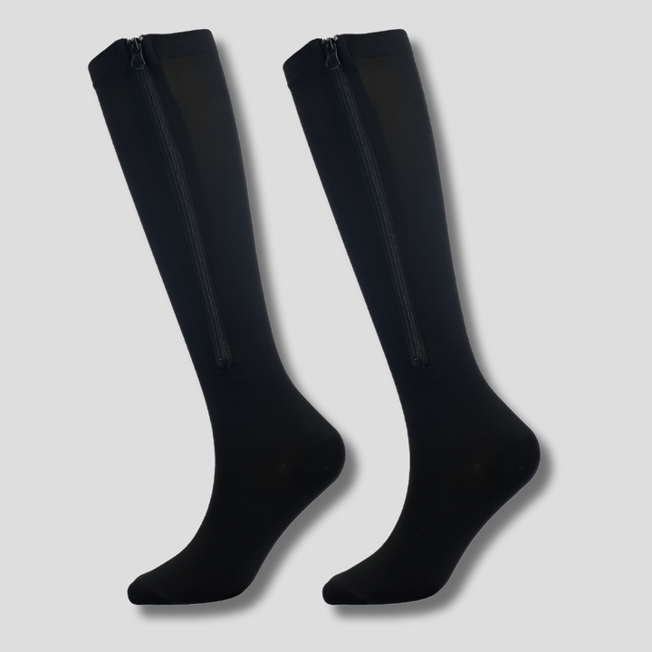 Zipper compression support hose for improved circulation, tired leg relief, and travel. Made from nylon spandex.