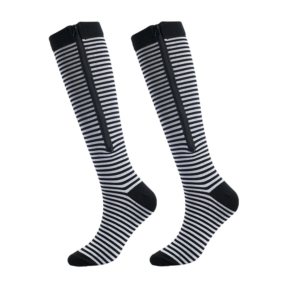 Unisex support hose with easy-on zipper for comfortable leg relief, swelling reduction, and everyday support.