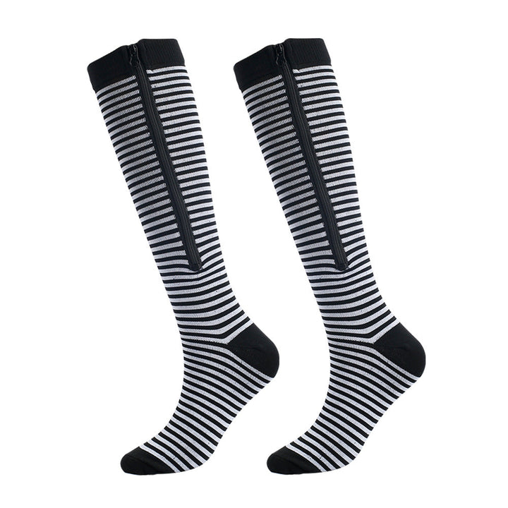 Unisex support hose with easy-on zipper for comfortable leg relief, swelling reduction, and everyday support.