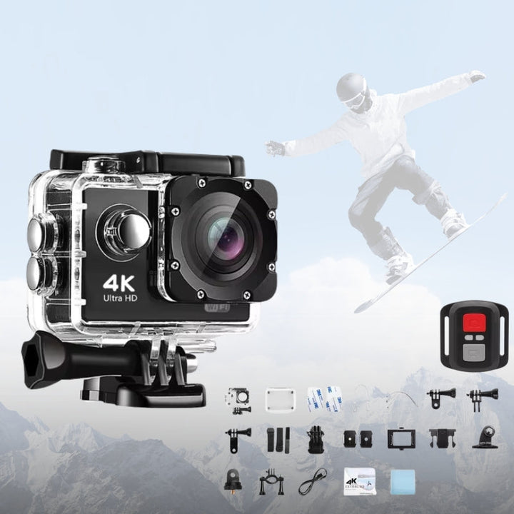 Rugged 4K adventure camera, waterproof & wide-angle for extreme outdoor sports.